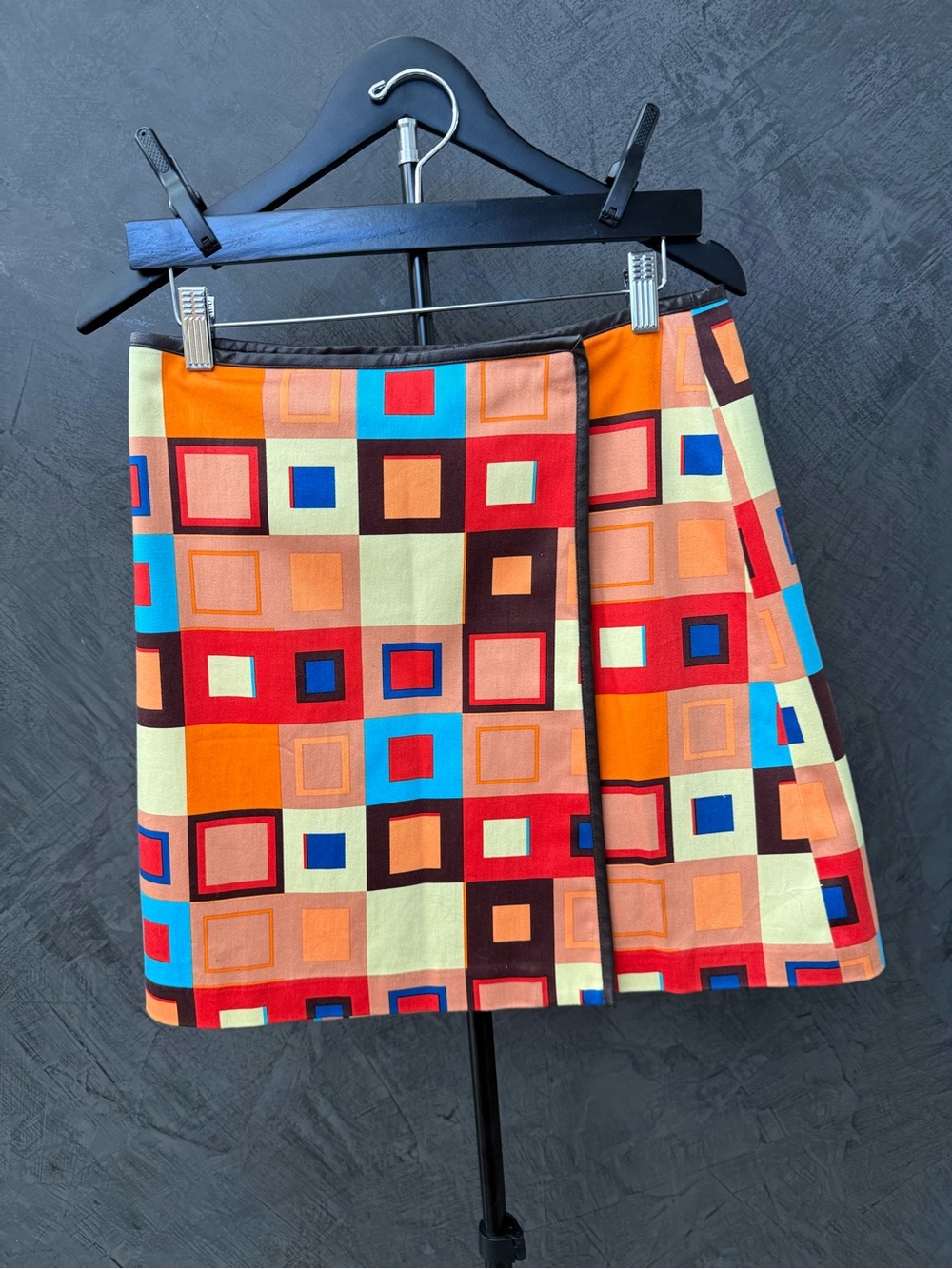 David Meister Retro Geometric Mini Skirt Orange, Red, Brown with leather trim